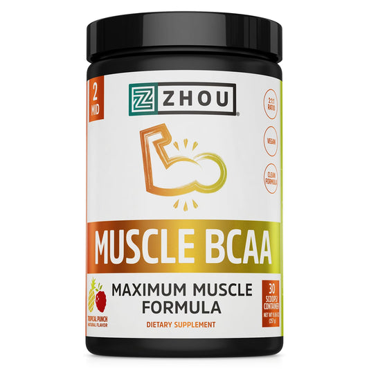 ZHOU Muscle BCAA Tropical Punch canister showing vegan formula for workouts.