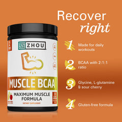 Scoop of ZHOU vegan BCAA powder ready to blend into a smoothie.
