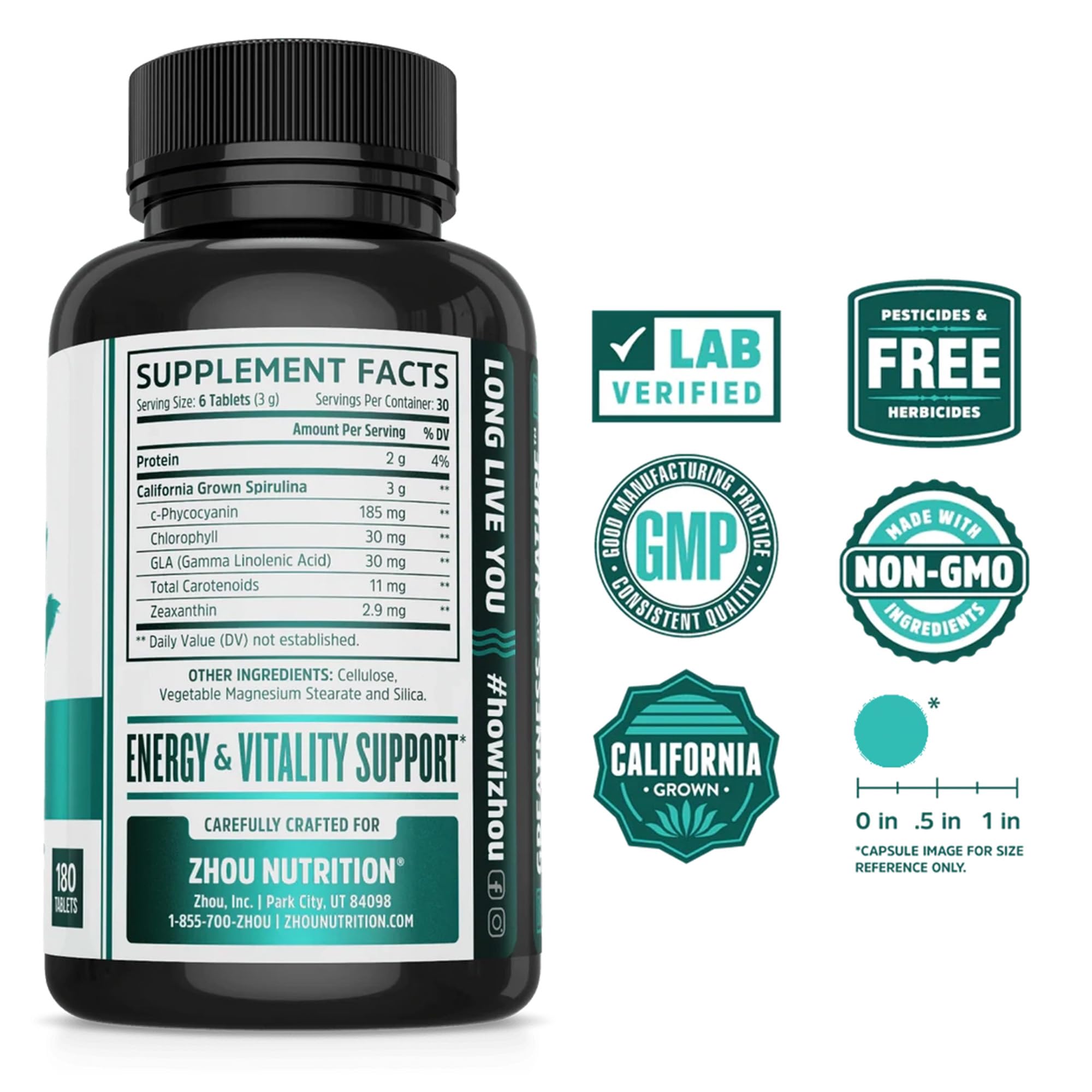 Zhou Spirulina bottle-back label highlights ingredients and sustainable sourcing