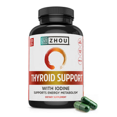 ZHOU Thyroid Support bottle label highlights ingredients for daily thyroid balance.