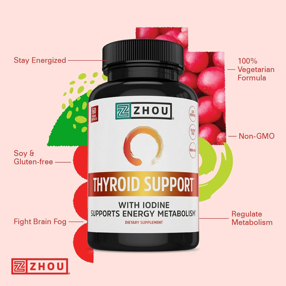 ZHOU Thyroid Support bottle with zinc, iodine, and selenium for thyroid health.