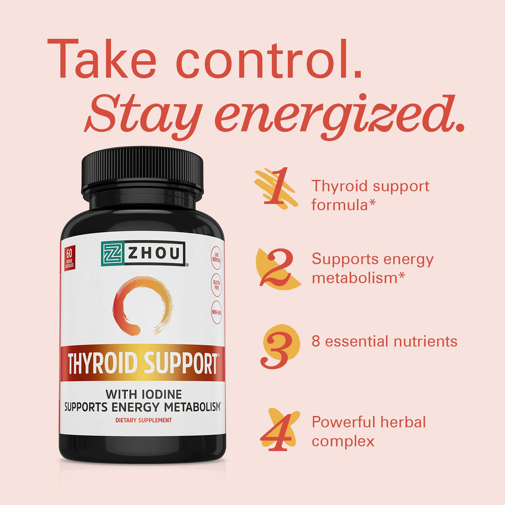 ZHOU Thyroid Support ingredients blend close-up highlighting ashwagandha for potential stress balance
