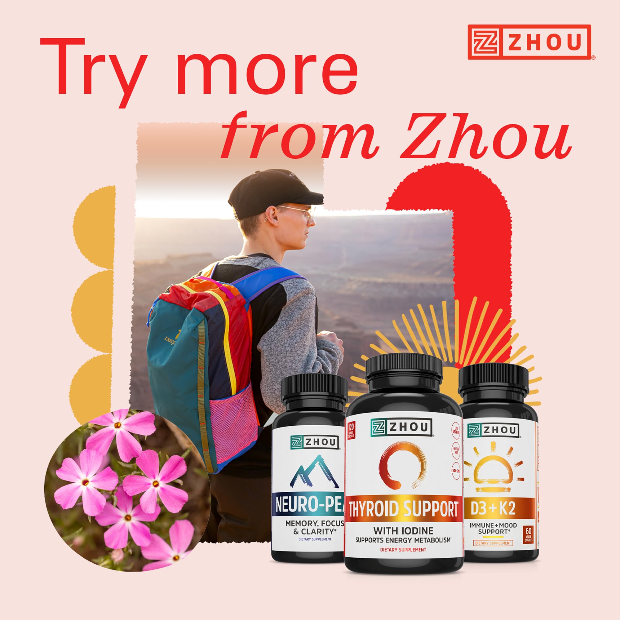 ZHOU Thyroid Support ingredients panel highlights iodine, selenium, and zinc.