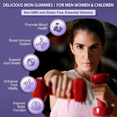 ZHPHK iron gummies grape ingredients panel noting non-GMO and gluten-free.