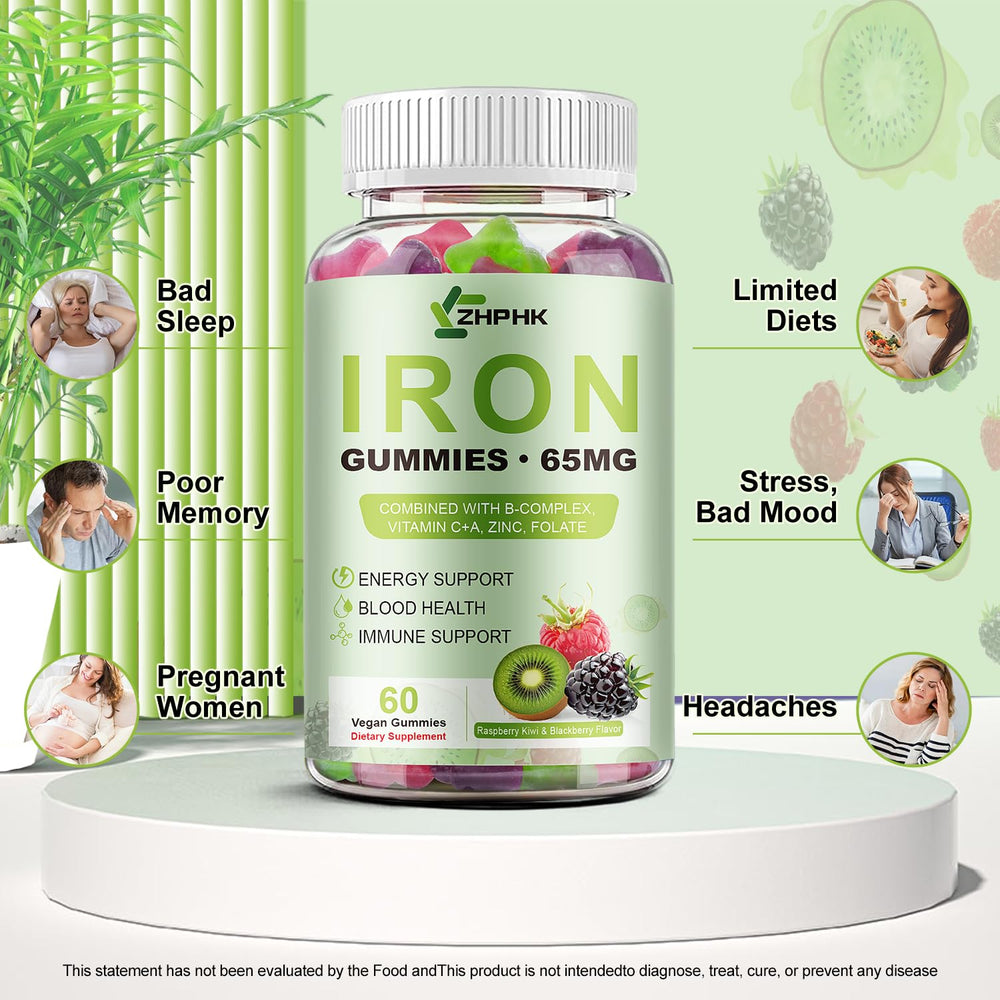 Nutrition label of ZHPHK Iron Gummies showing 65mg iron and 250mg vitamin C