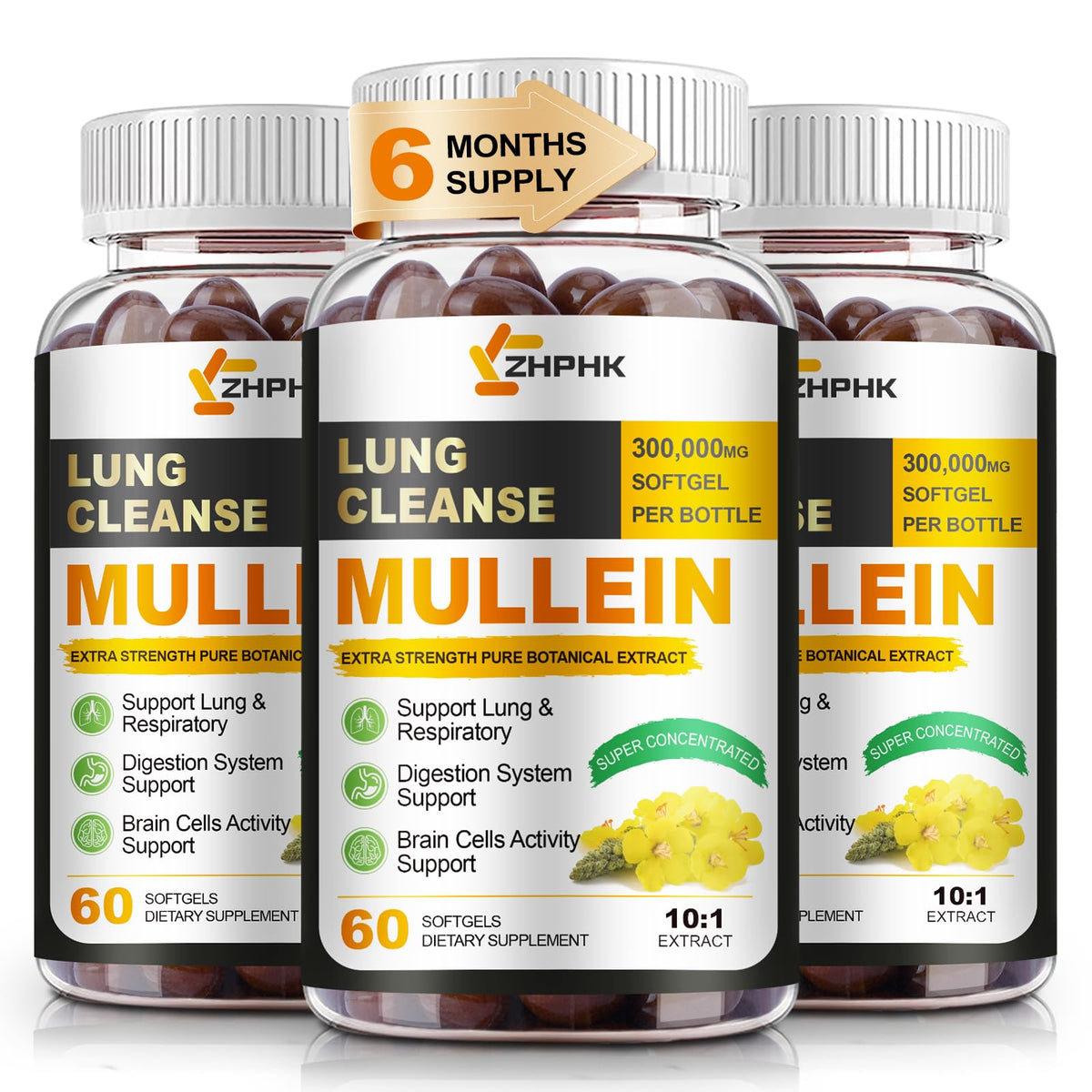 ZHPHK Mullein leaf extract bottle shows a 180-day lung support supply.