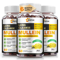 ZHPHK Mullein leaf extract bottle shows a 180-day lung support supply.