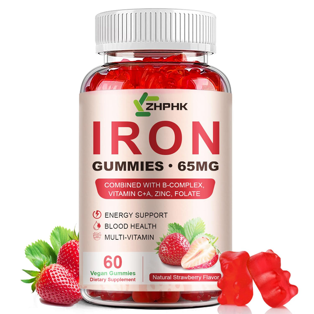 ZHPHK iron gummies bottle close-up showing 65mg daily iron support