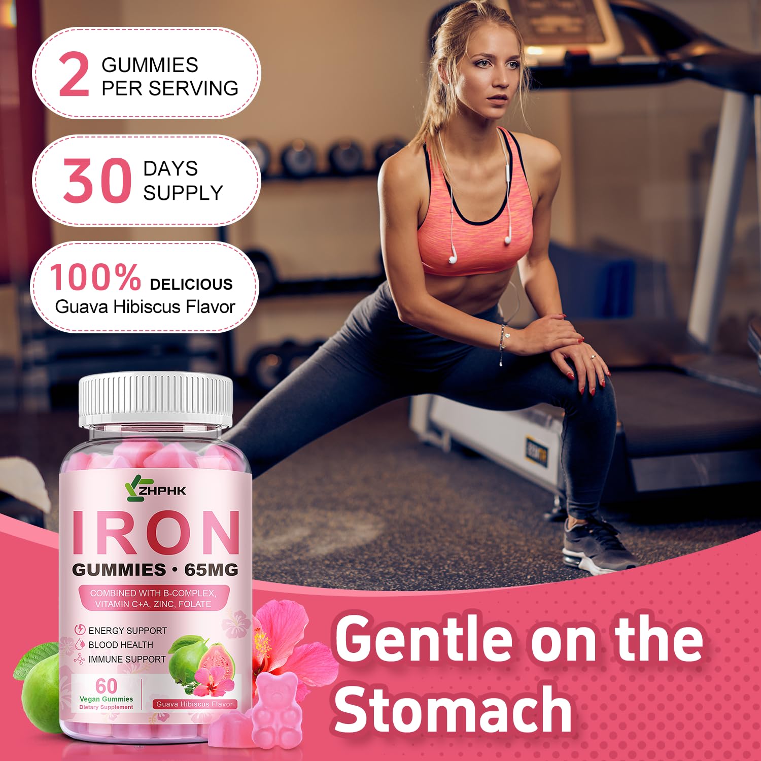 ZHPHK Iron Gummies label highlights folate and Vitamin C compatibility
