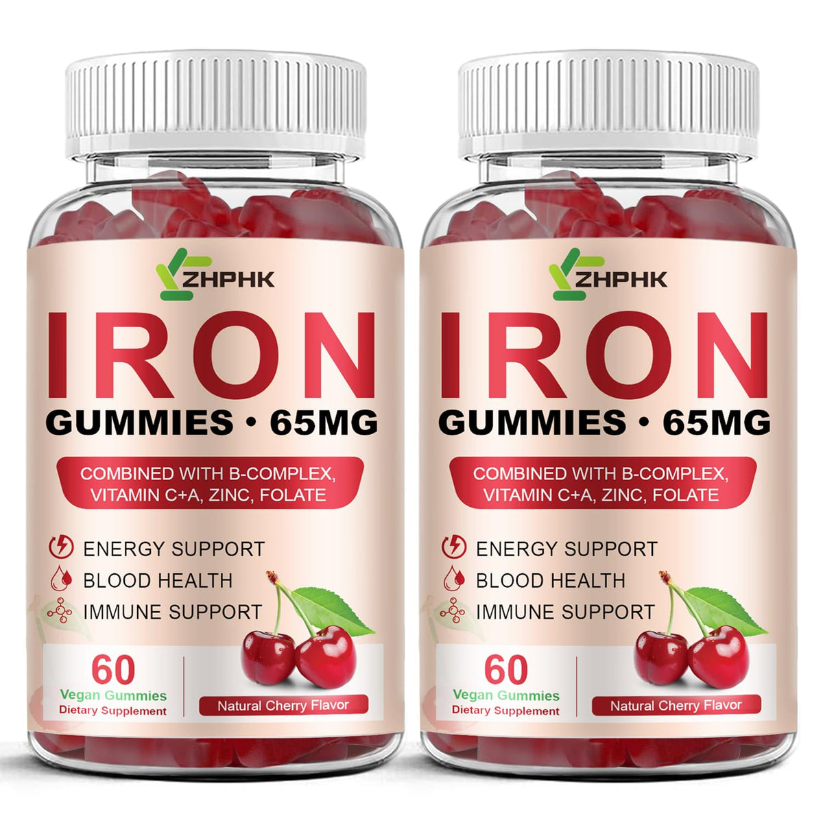 ZHPHK Iron Gummies bottle shows cherry flavor for daily energy support