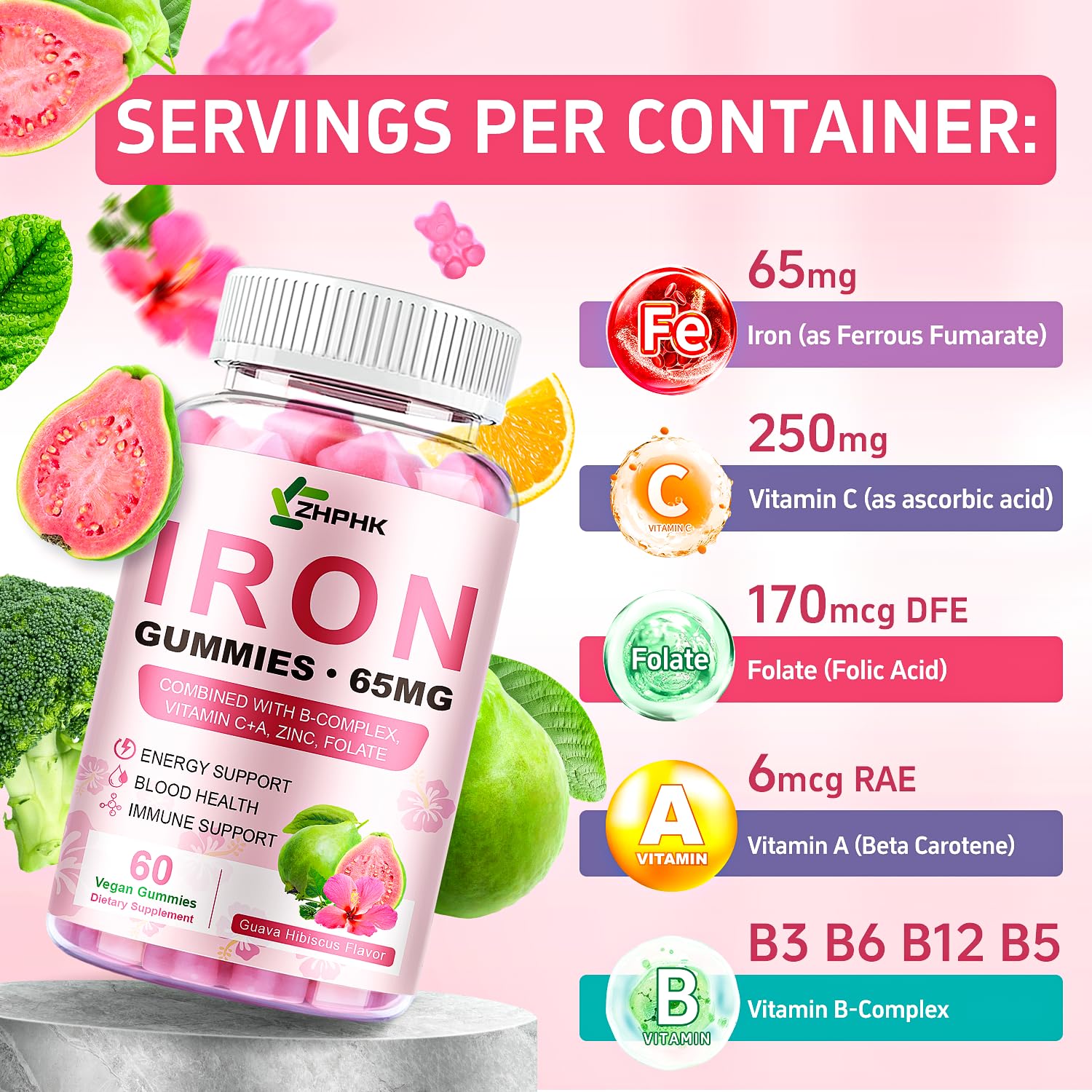 ZHPHK Iron Gummies flavor close-up emphasizes vegan, non-GMO formula