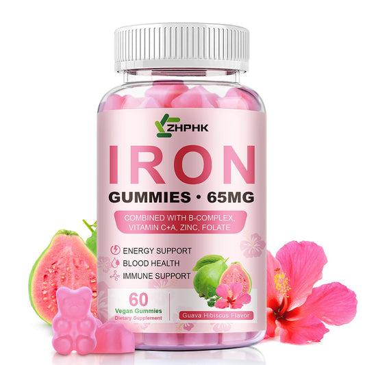 ZHPHK Iron Gummies jar front shows guava hibiscus flavor for daily energy support