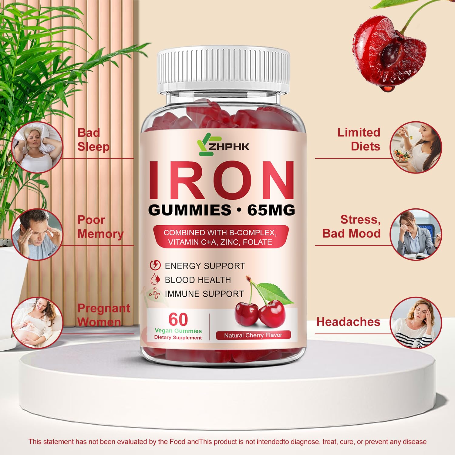 ZHPHK cherry-flavored iron gummies ideal for kids and adults.