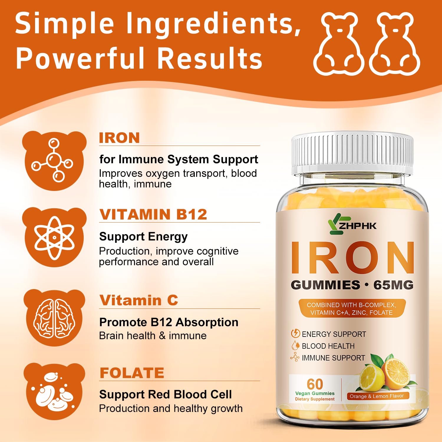 ZHPHK iron gummies orange lemon flavor highlights refreshing taste
