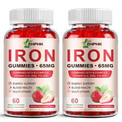 ZHPHK iron supplement gummies in a strawberry bottle for daily support.