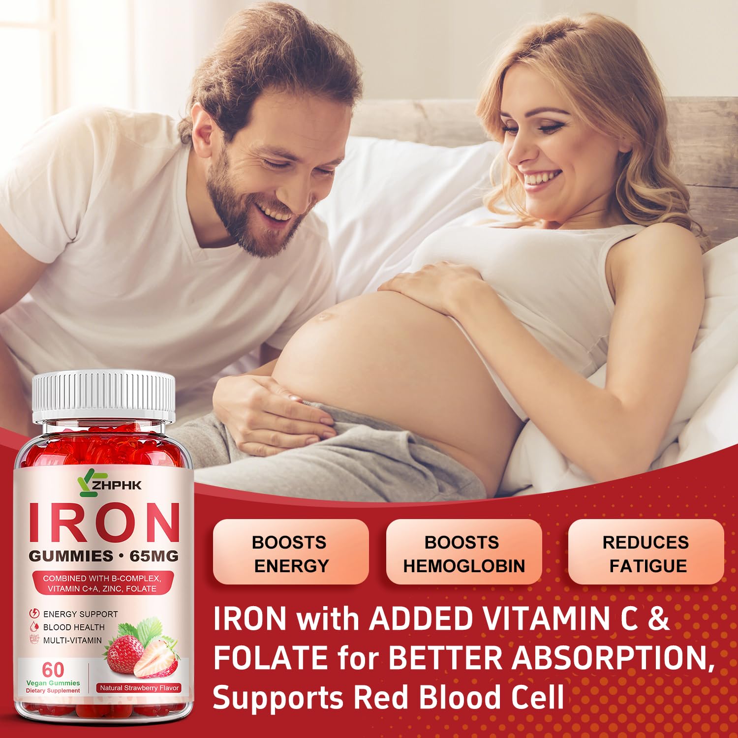 ZHPHK strawberry-flavored iron gummies for enjoyable daily use.