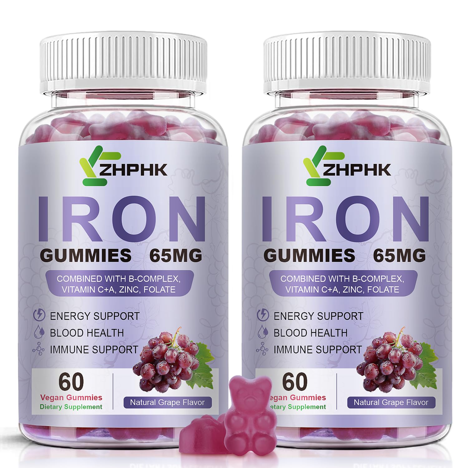 ZHPHK vegan iron gummies bottle on a kitchen counter, showcasing everyday iron support.