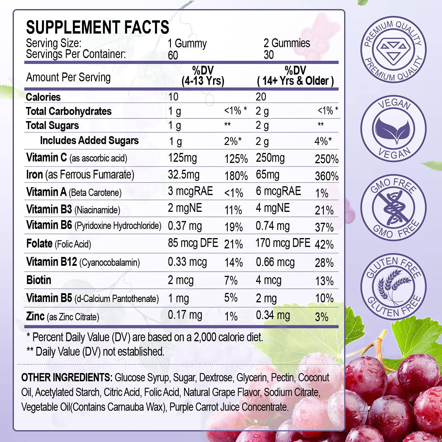 ZHPHK vegan iron gummies grape flavor close-up, highlighting chewy texture.