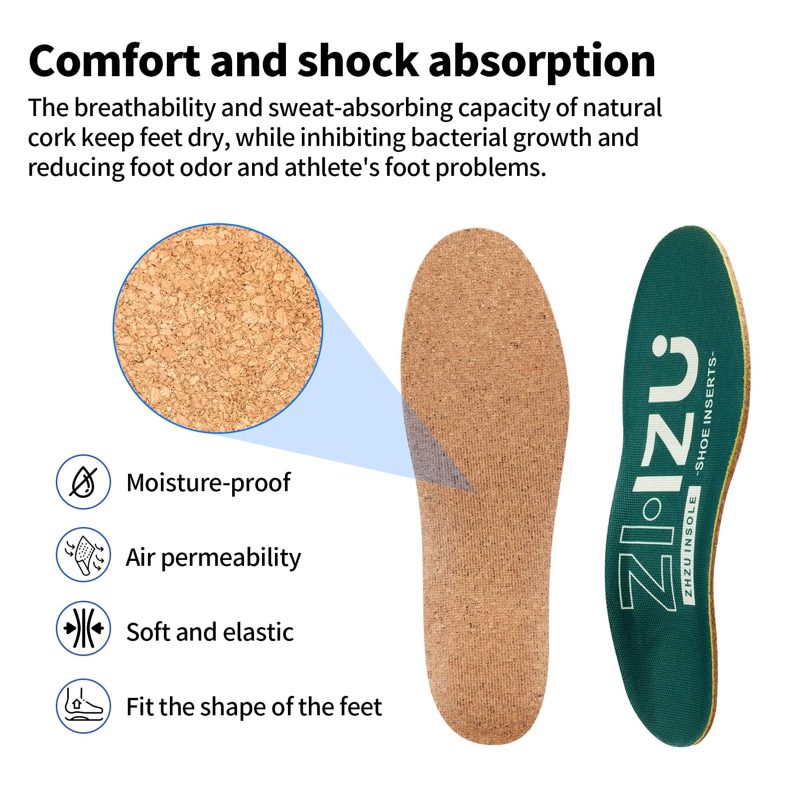 ZHZU arch-supporting cork insoles for flat feet stabilize your stride.