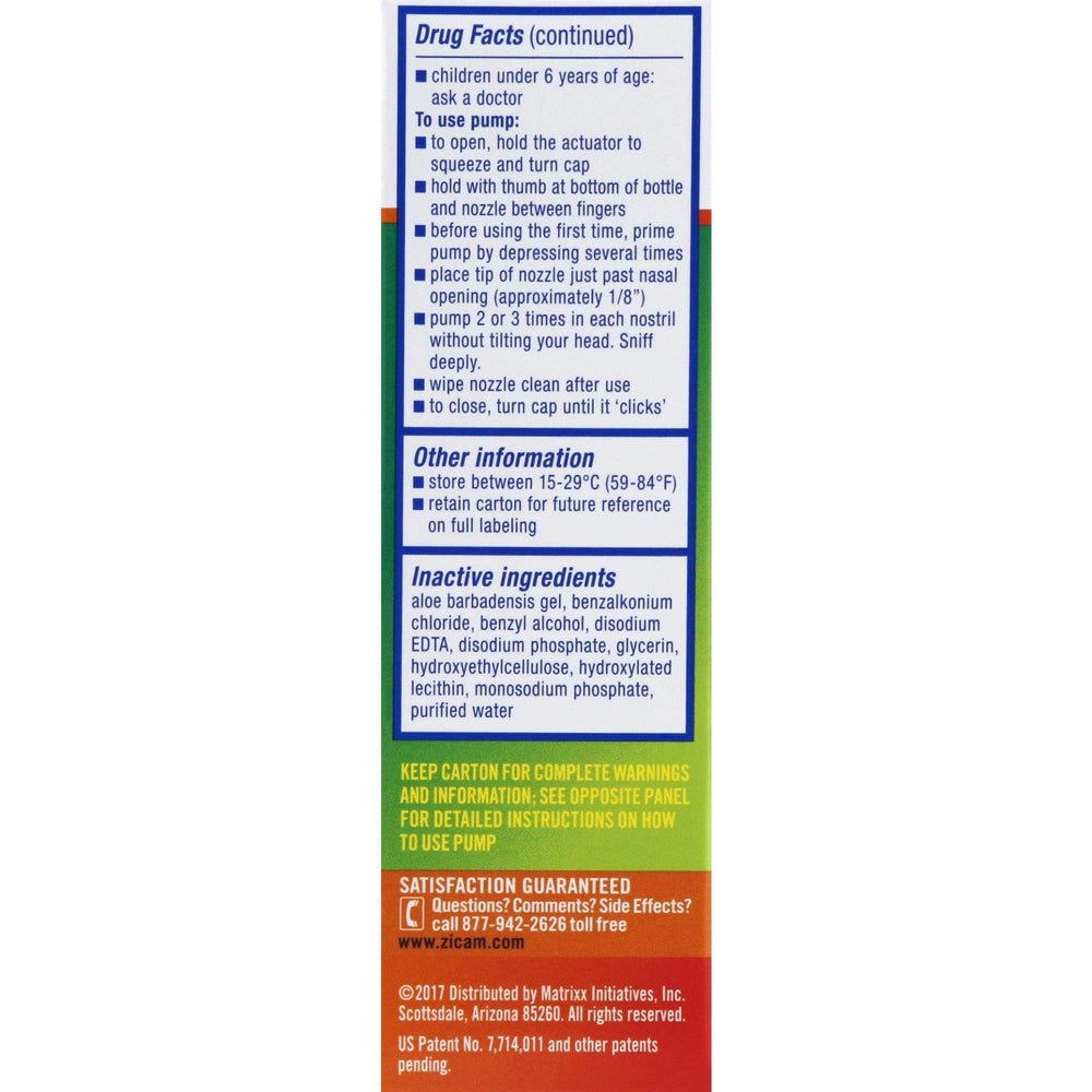 Zicam nasal spray bottle in use with two pumps per nostril