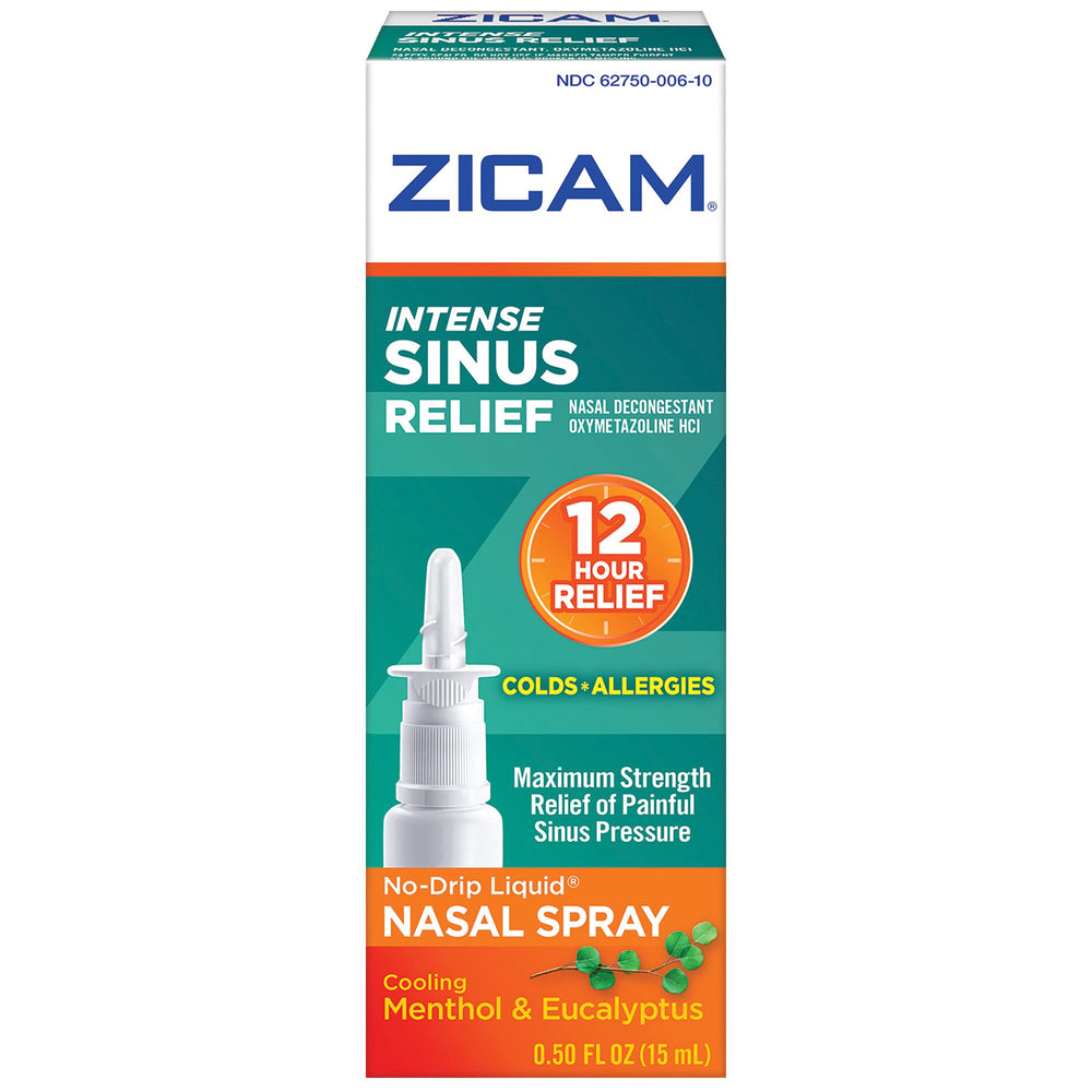 Zicam Intense Sinus Relief nasal spray pack shows six bottles for easy ongoing use.