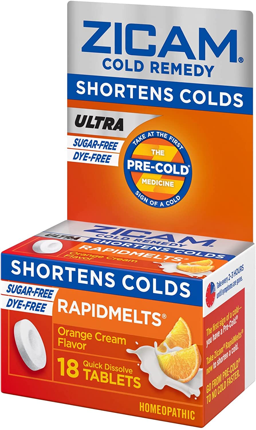 Pack of 3 Zicam RapidMelts orange cream tablets placed together.