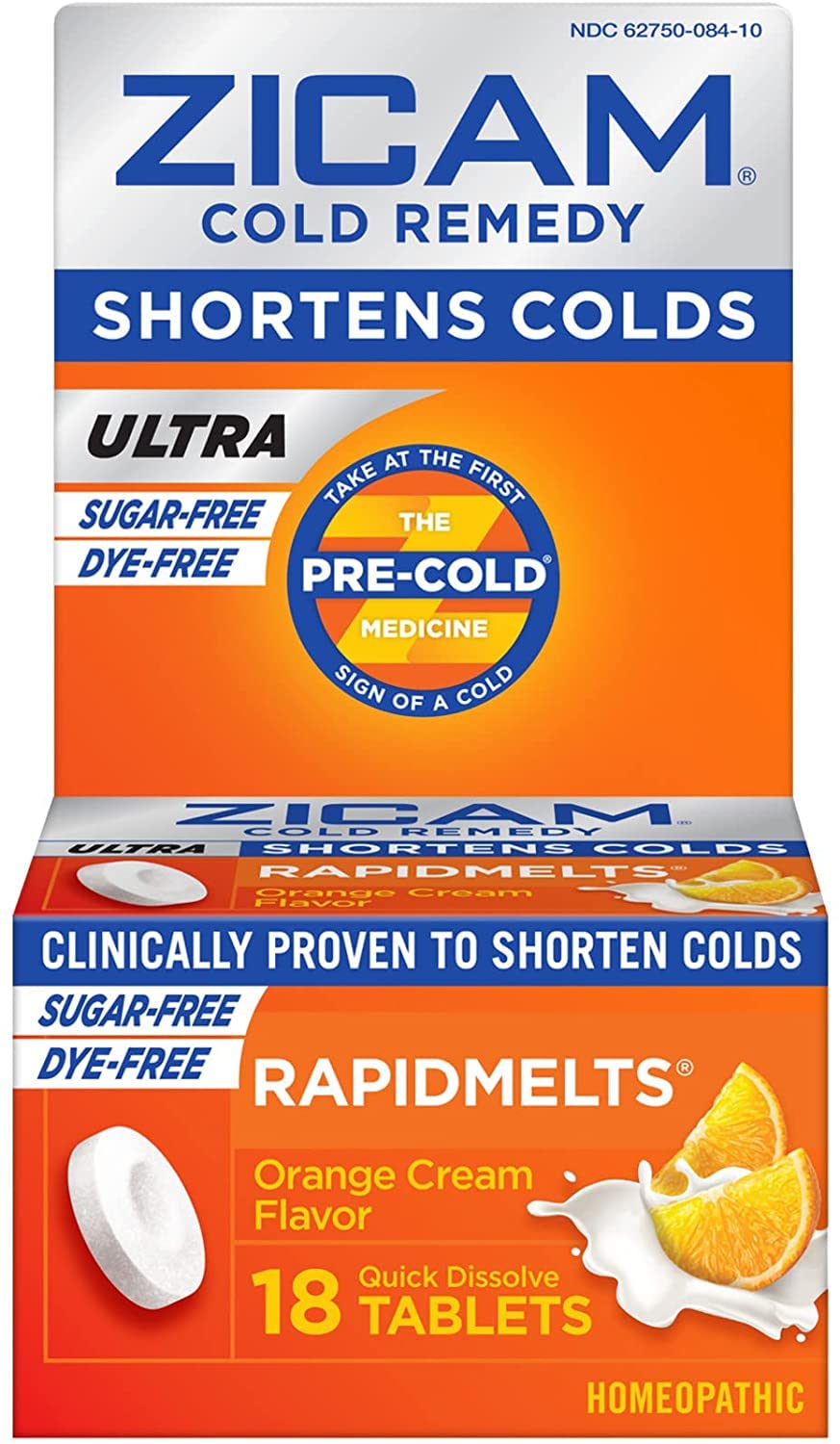 Zicam RapidMelts on-the-go bottle with orange cream tablets.