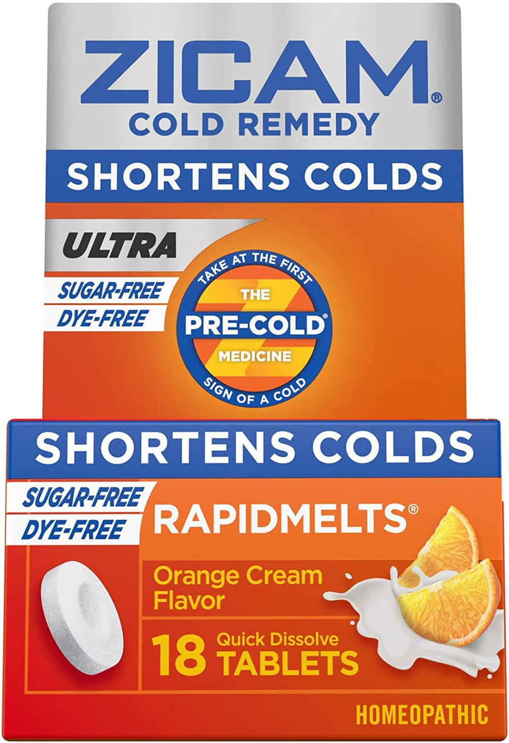 Zicam Ultra Cold Remedy RapidMelts orange cream tablets dissolving in mouth for on-the-go use.