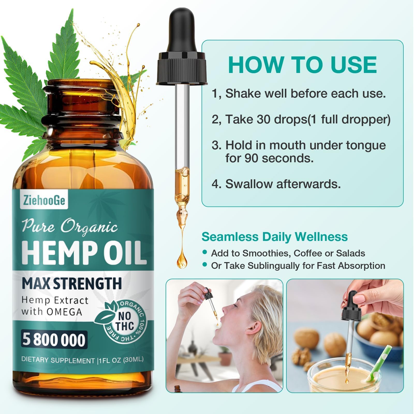 ziehooGe Organic Oil Drops being added to smoothie for convenient daily use
