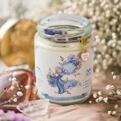 ZincGe Aquarius crystal candle detail with calming glow.