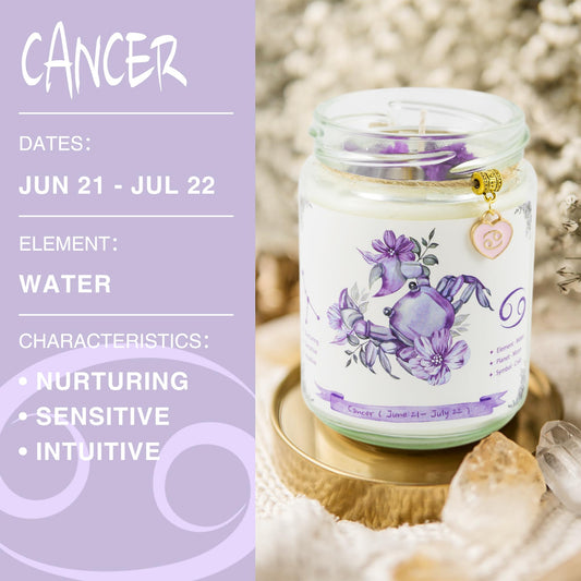 ZINCGE Cancer zodiac gift set featuring coordinated candle and jewelry