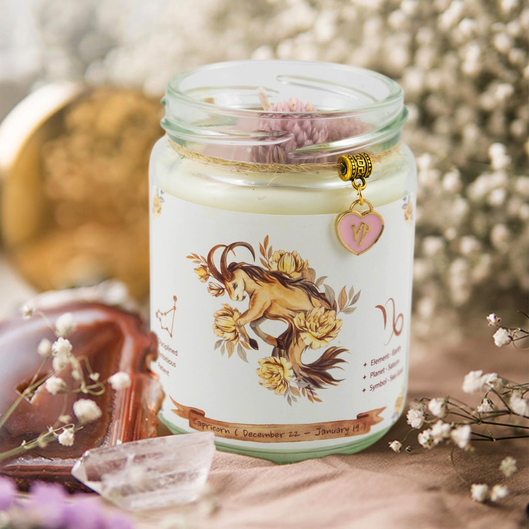 ZINCGE Capricorn crystal candle close-up for refined serenity.