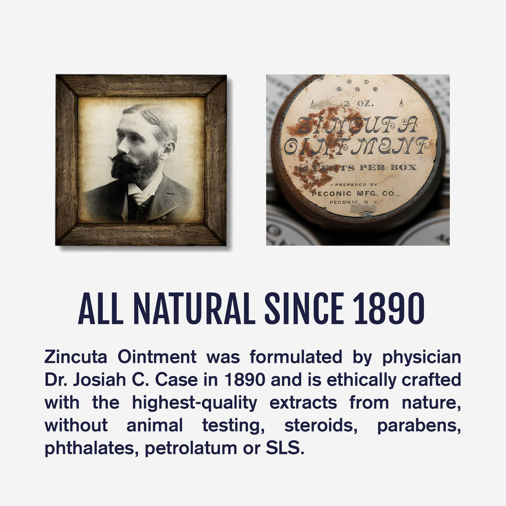 Zincuta Healing Ointment tin back with non-steroidal formulation note.