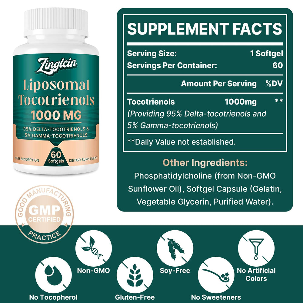 Zingicin tocotrienols capsule near ingredients list highlighting natural formula.