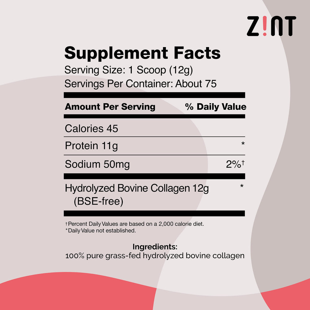 Zint Collagen powder texture close-up highlighting neutral flavor.
