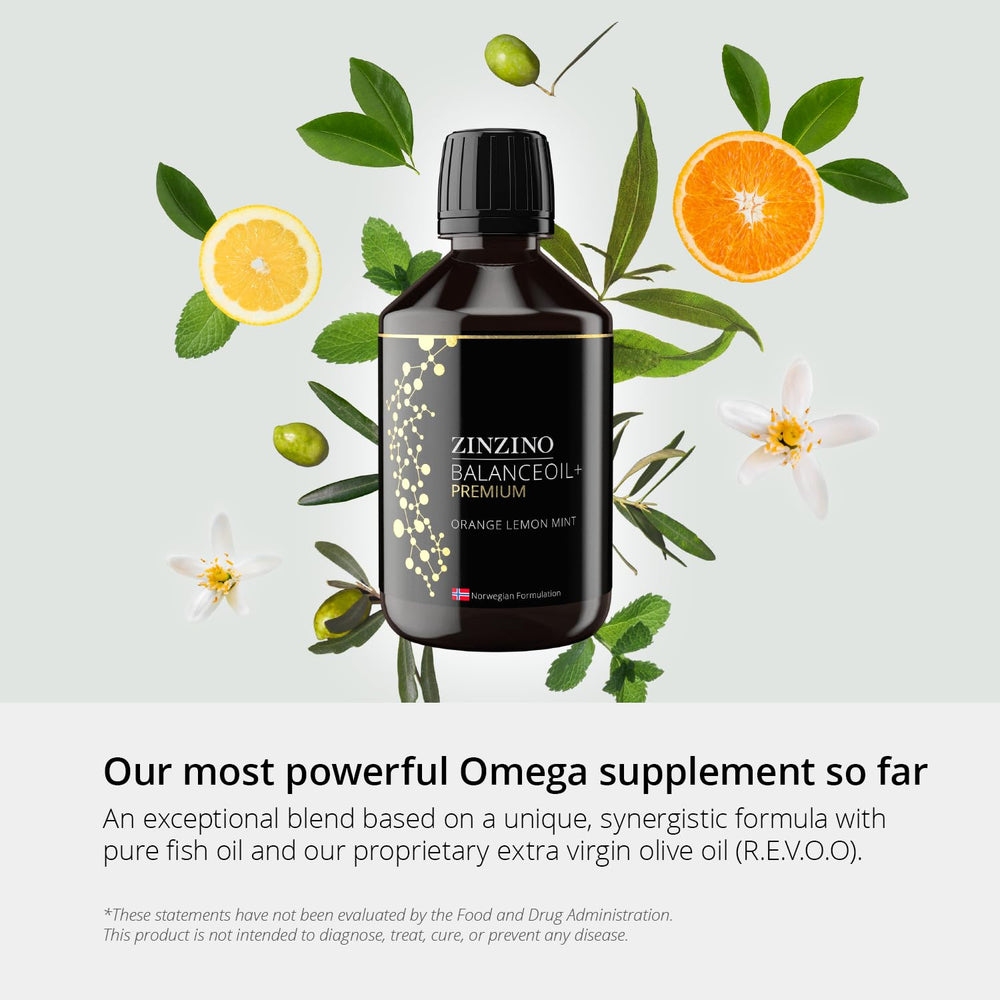 Zinzino BalanceOil+ ingredients panel showing omega-3 and polyphenols.