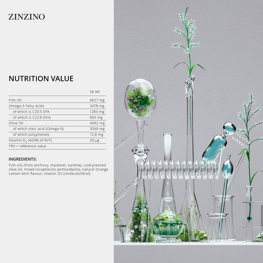 Zinzino BalanceOil+ pouring into glass showing olive oil blend.