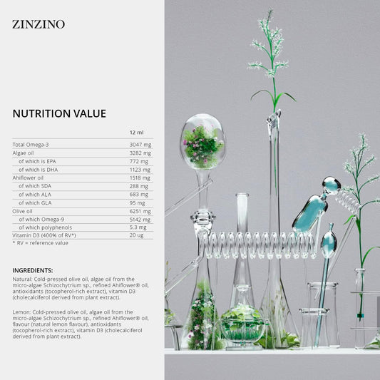 Close-up of BalanceOil+ Lemon label highlighting vegan ingredients