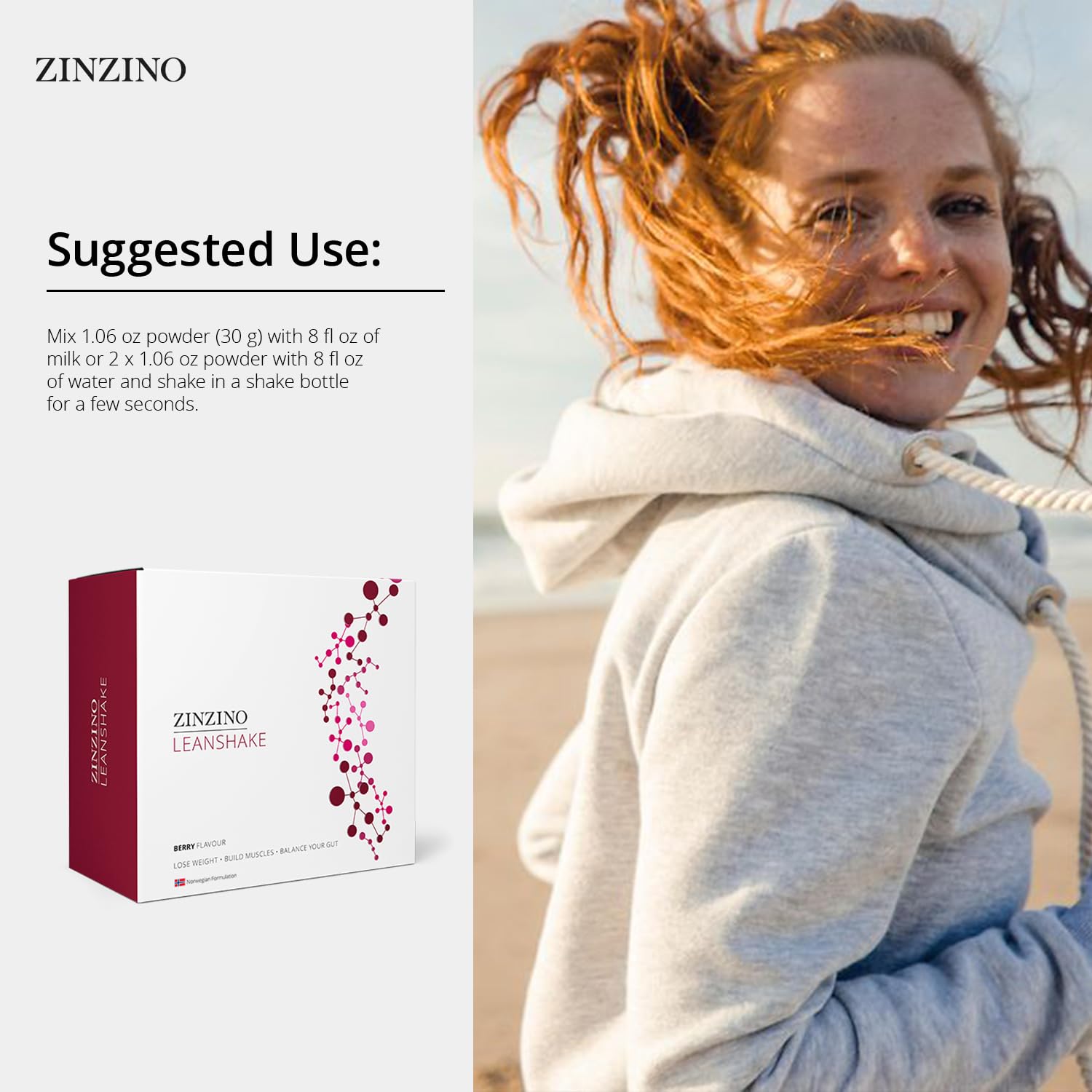 ZINZINO LeanShake Berry flavor packaging emphasizes natural taste and berry goodness.