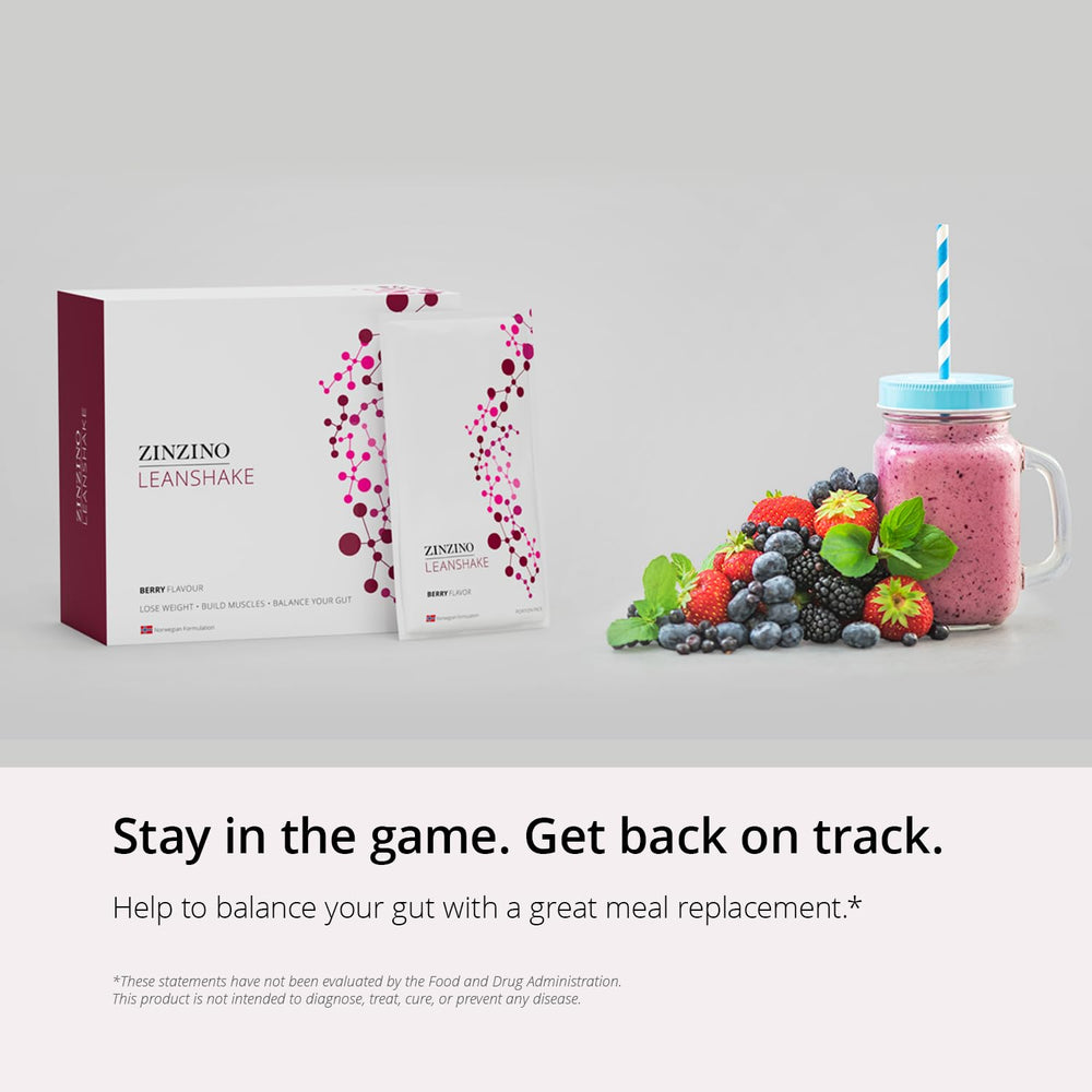 ZINZINO LeanShake Berry shake glass shows creamy mix for a satisfying snack.