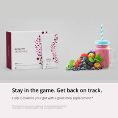 ZINZINO LeanShake Berry shake glass shows creamy mix for a satisfying snack.