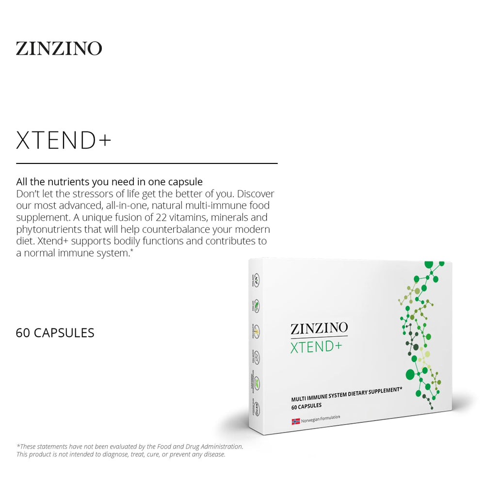 Zinzino Xtend+ ingredients label view showing 22 vitamins and minerals