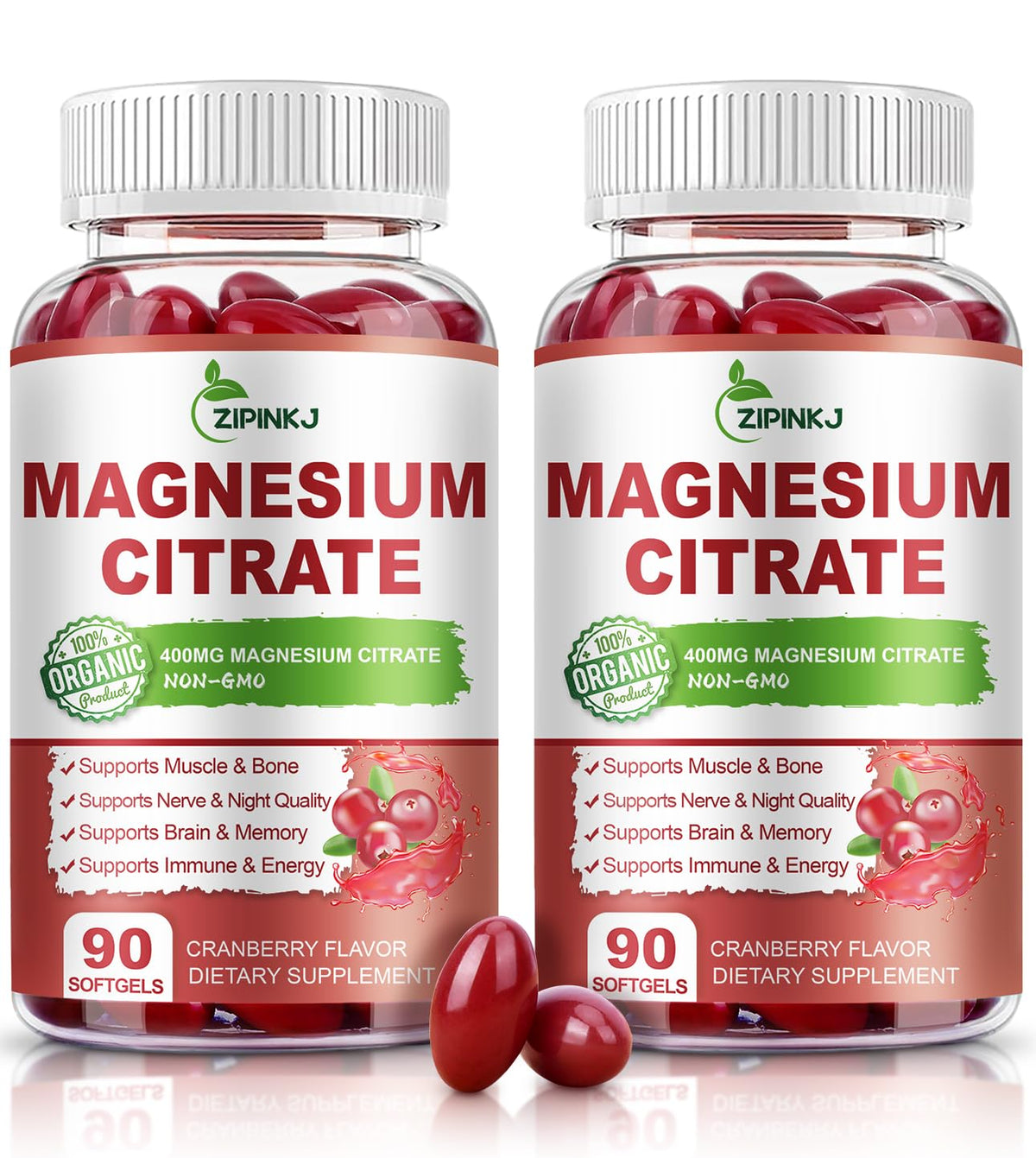 ZIPINKJ magnesium citrate softgels bottle showcases easy nightly support.