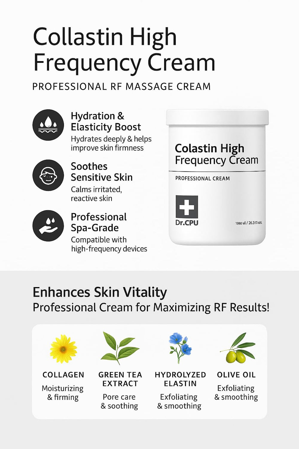 Green tea and tea tree extracts illustrate calming elements in Collastin formula.