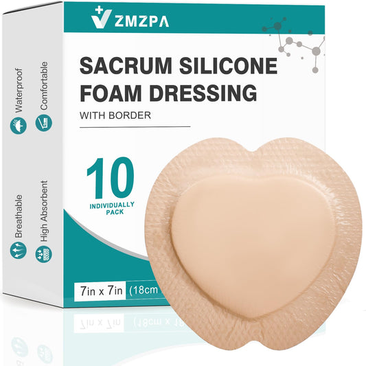 ZMZPA sacral foam dressing with border, 7x7 inches, gentle adhesion for sensitive skin.