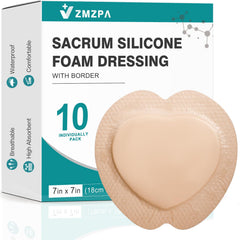 ZMZPA sacral foam dressing with border, 7x7 inches, gentle adhesion for sensitive skin.