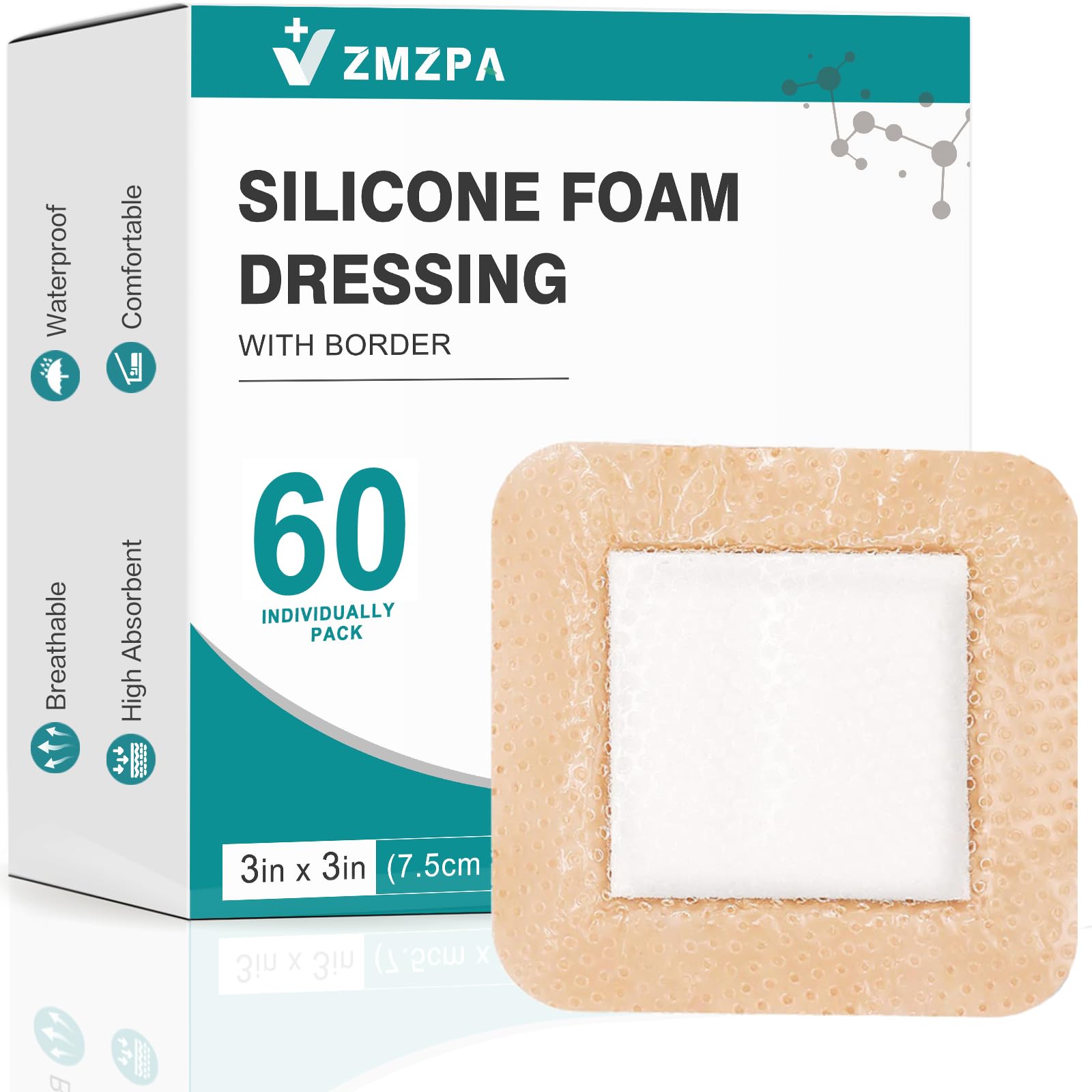 ZMZPA silicone foam dressing 3x3 with gentle border for secure, non-adherent wound coverage.