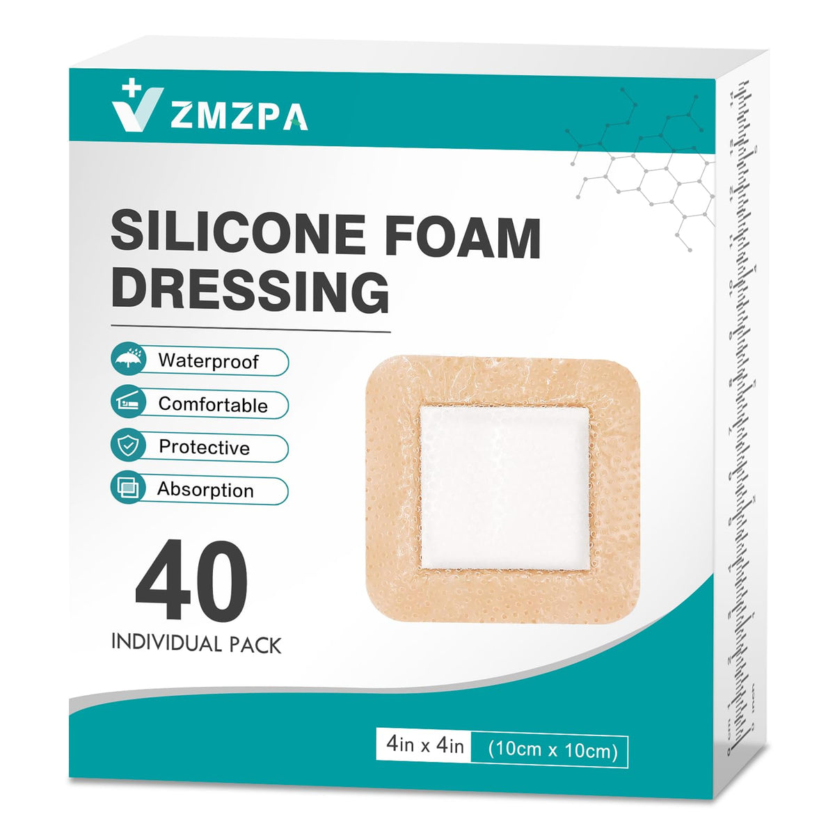 ZMZPA silicone foam dressing with 4x4 border for gentle wound protection.
