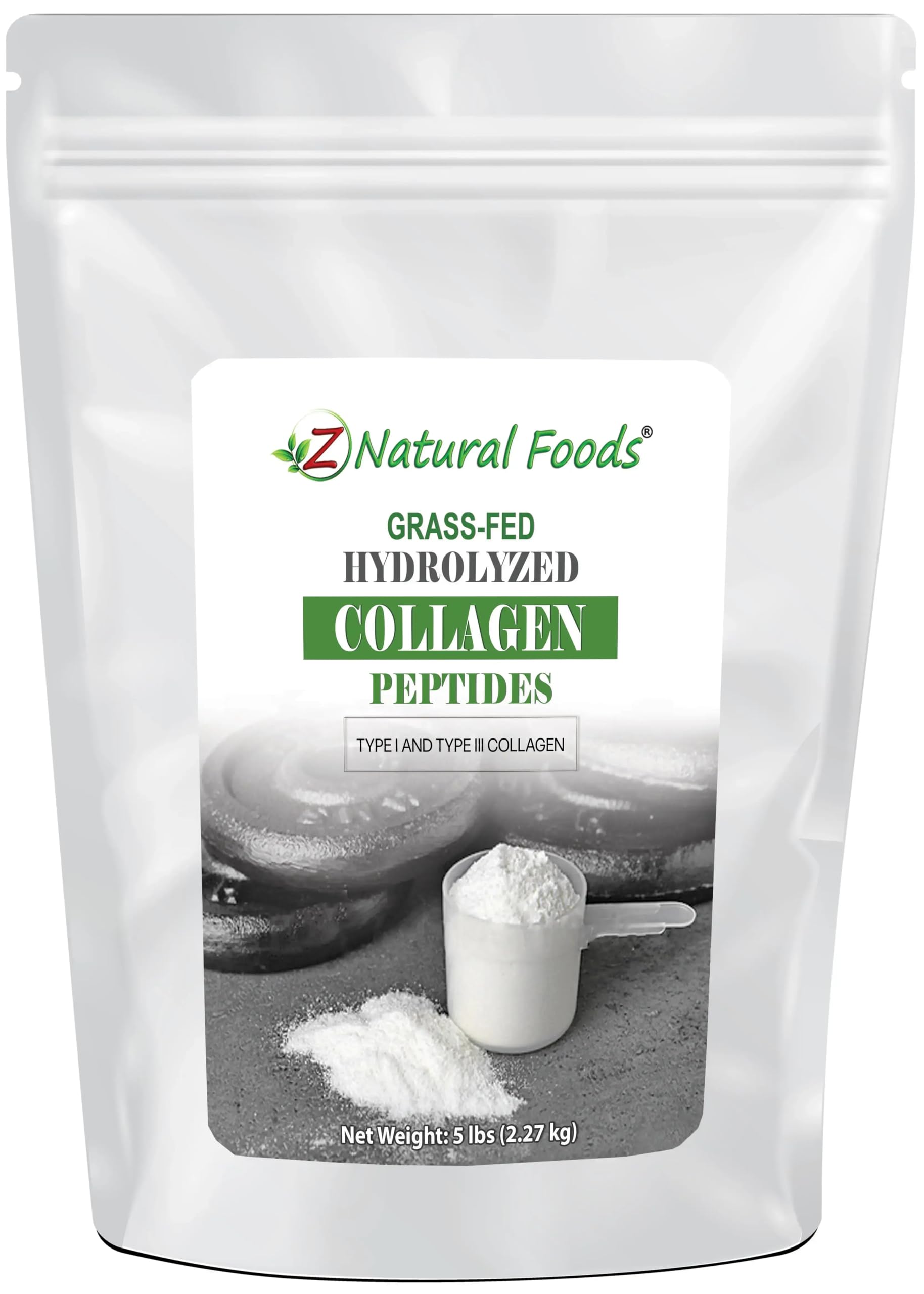 Z Natural Foods collagen peptides jar with Type I & III formula for healthy skin and joints.