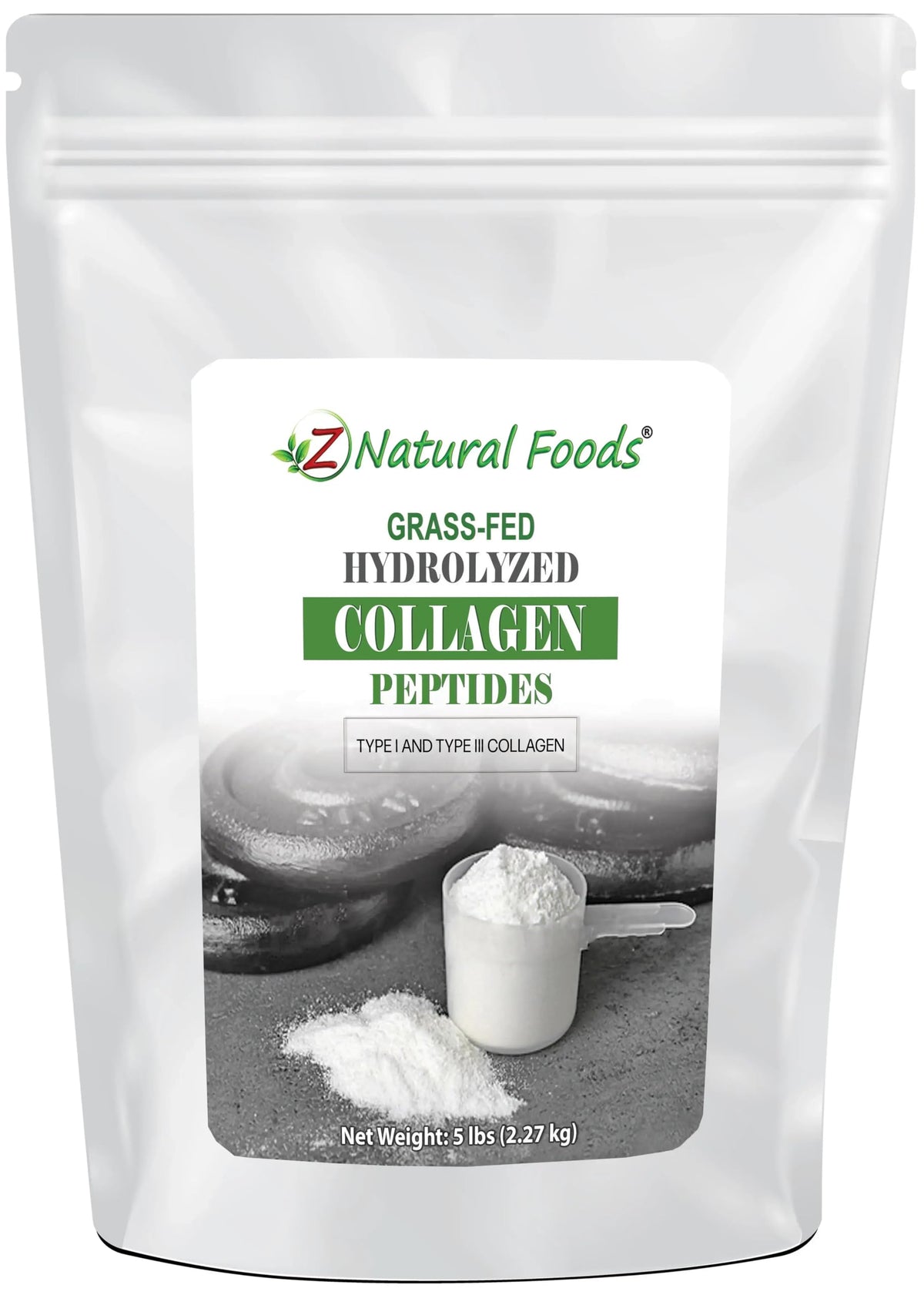 Z Natural Foods collagen peptides jar with Type I & III formula for healthy skin and joints.